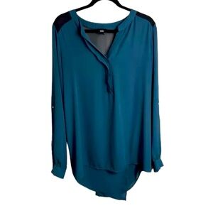 Mossimo Teal Green Semi Sheer Tunic Blouse XXL V Neck Long Puff Sleeve